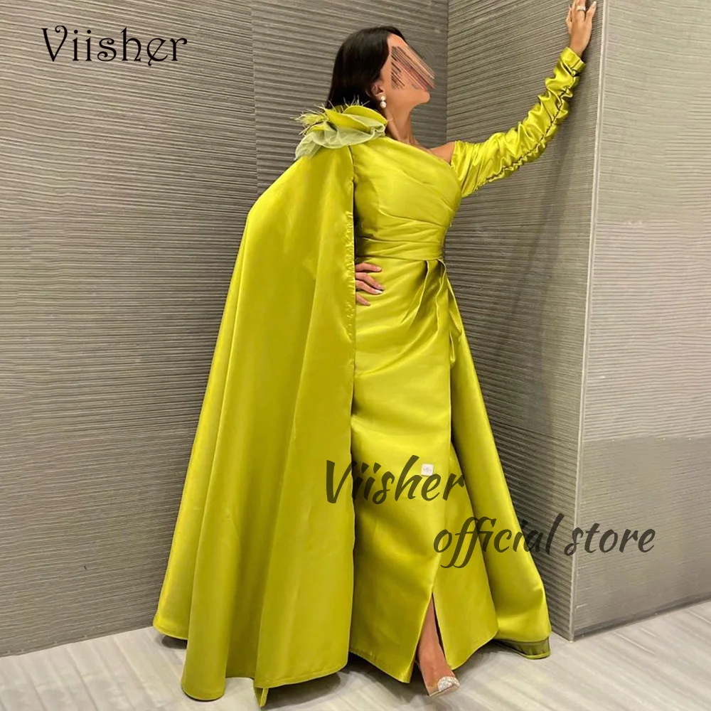 

Viisher Gold Satin Mermaid Evening Dresses One Shoulder Tight Long Prom Party Dress with Slit Dubai Arabic Formal Gowns