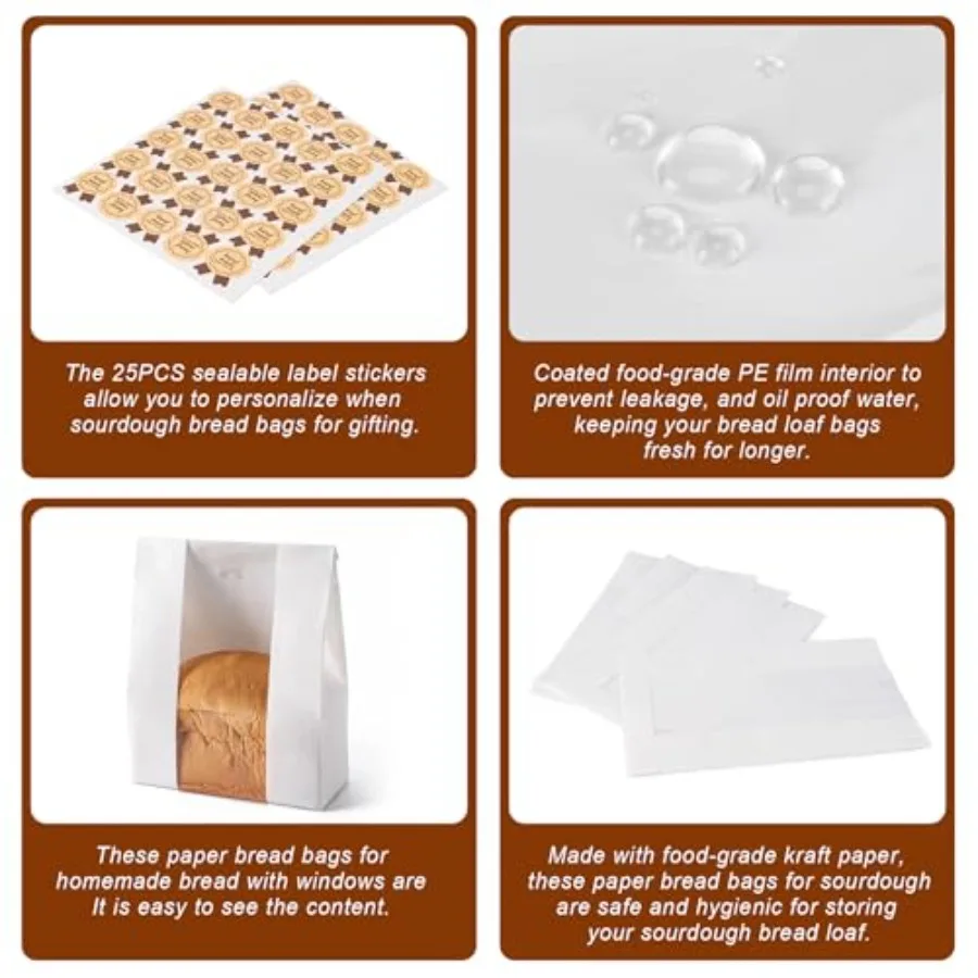 25 قطعة من أكياس الخبز الورقية أكياس خبز كبيرة من العجين المخزون لتخزين مخبز الخبز المنزلي مع نافذة Iludes 25 قطعة ختم التسمية Sti 13. #4
