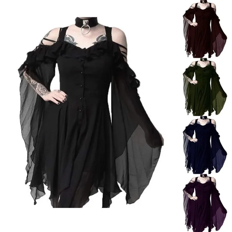 

Halloween Vintage Medieval Women's Gothic Dress Elegant Asymmetrical Hem Dress Women Dew Shoulder Gothic Ruffled Sling Dresses