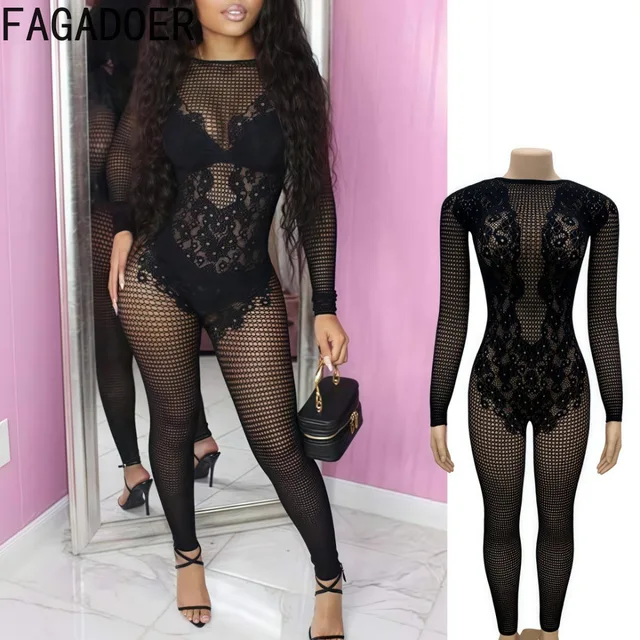 FAGADOER Sexy Lace Bodycon Jumpsuits Woman See Through Hollow Out One Piece Rompers Hot Girl Party Clubwear Overalls 2025 New