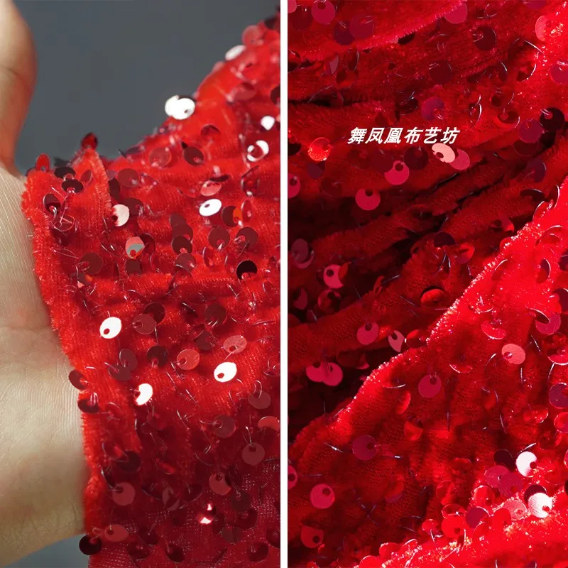 Velvet Sequins Foam Embroidered Fabric Micro Elastic Performance Dress Cloth by the Meter for Sewing Diy Material