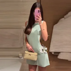Women's Elegant 3d Flower Sleeveless Mini Dress Lady Light Green Vacation Party Dresses Stylish Female New Trend Summer Clothes