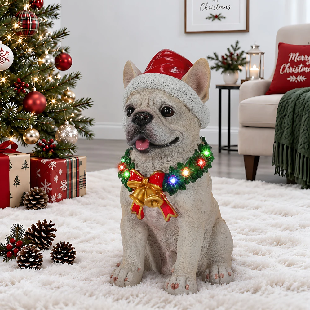 Lighted Christmas French Bulldog Statue, Black Frenchie Dog Figurine with Santa Hat, LED Wreath and Bells