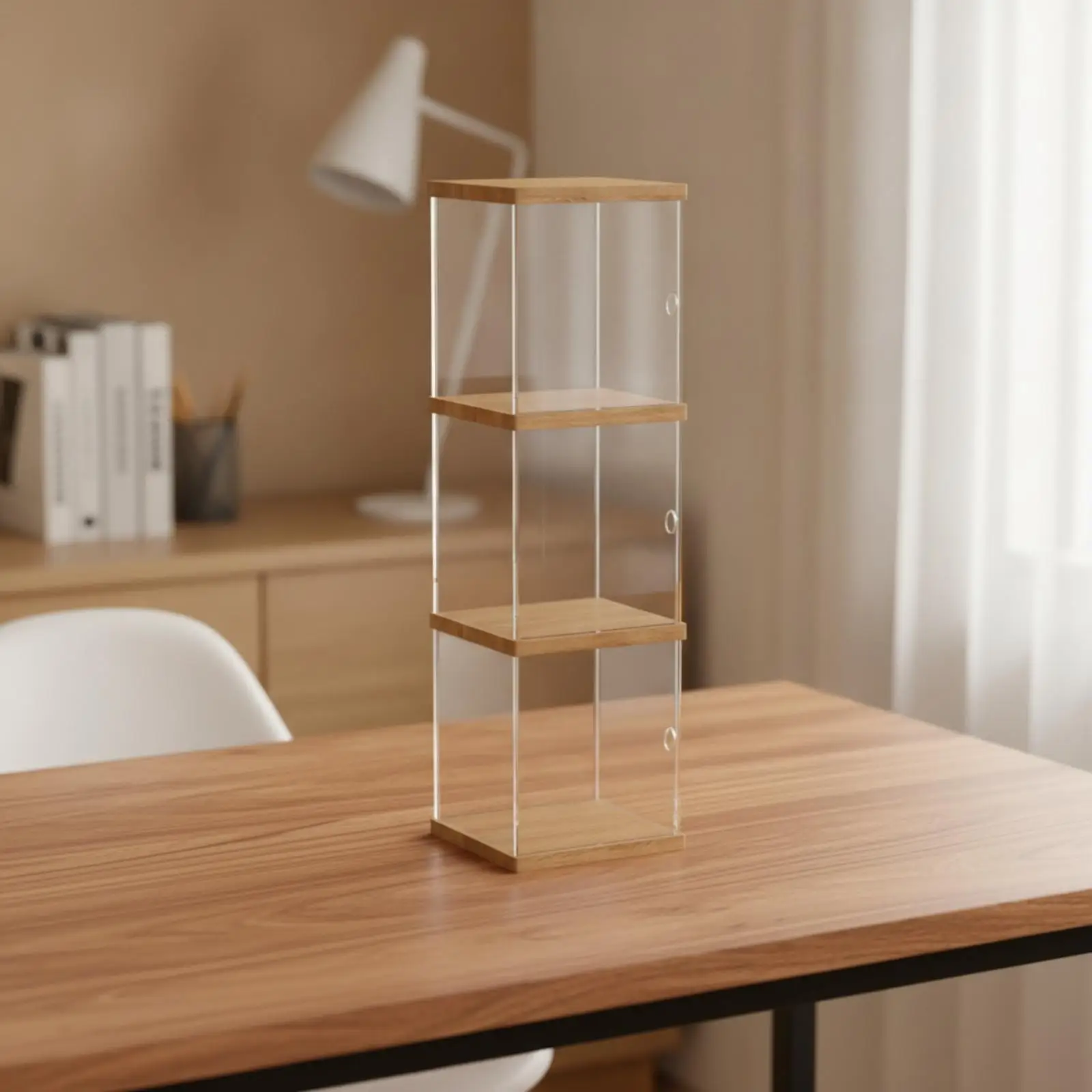 Tabletop Display Case Square Display Case with Wood Base Clear Transparent for Collectors, Desk, Shelf