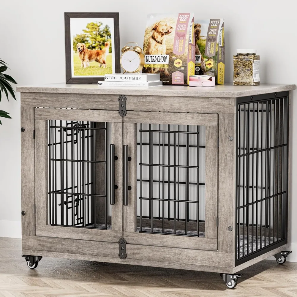 

Dog Crate Furniture, Dog Kennel Indoor Double Doors Wooden Dog Cage, 32'' Heavy Duty Crate with Cushion & Wheels, Decorative