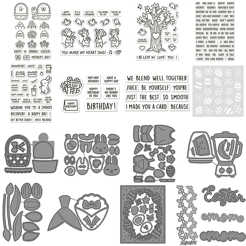 Cesta de huevos de Pascua, troqueles de conejito, troqueles de corte, carritos de golosinas, sentimientos, sellos transparentes, bricolaje, fabricación de tarjetas de álbum de recortes para el día de la madre