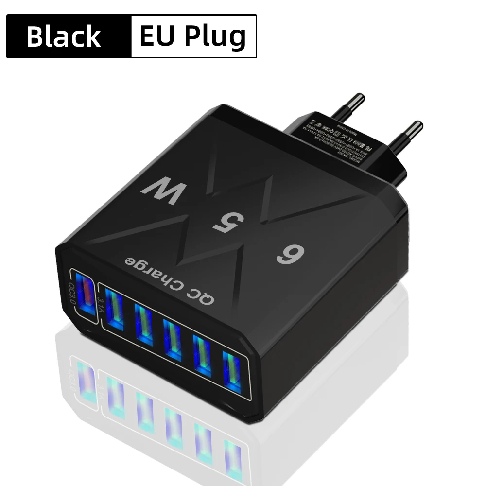 6-poorts USB-lader met snellaadfunctie QC3.0, reisadapter voor iPhone 17, 16, Samsung, Xiaomi en Vivo, inclusief EU-, US- en UK-stekker.