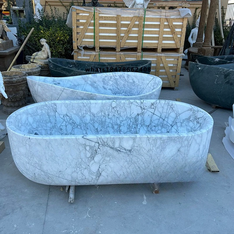 High Quality Home Bathroom Custom Size Freestanding Hand Carved Carrara White Marble Bathtub