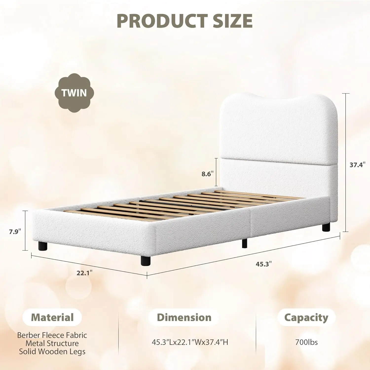 إطار سرير بمنصة بيضاء مزدوجة بتصميم جديد مع لوح رأسي منجد من قماش Boucle الناعم للفتيات والأولاد #6