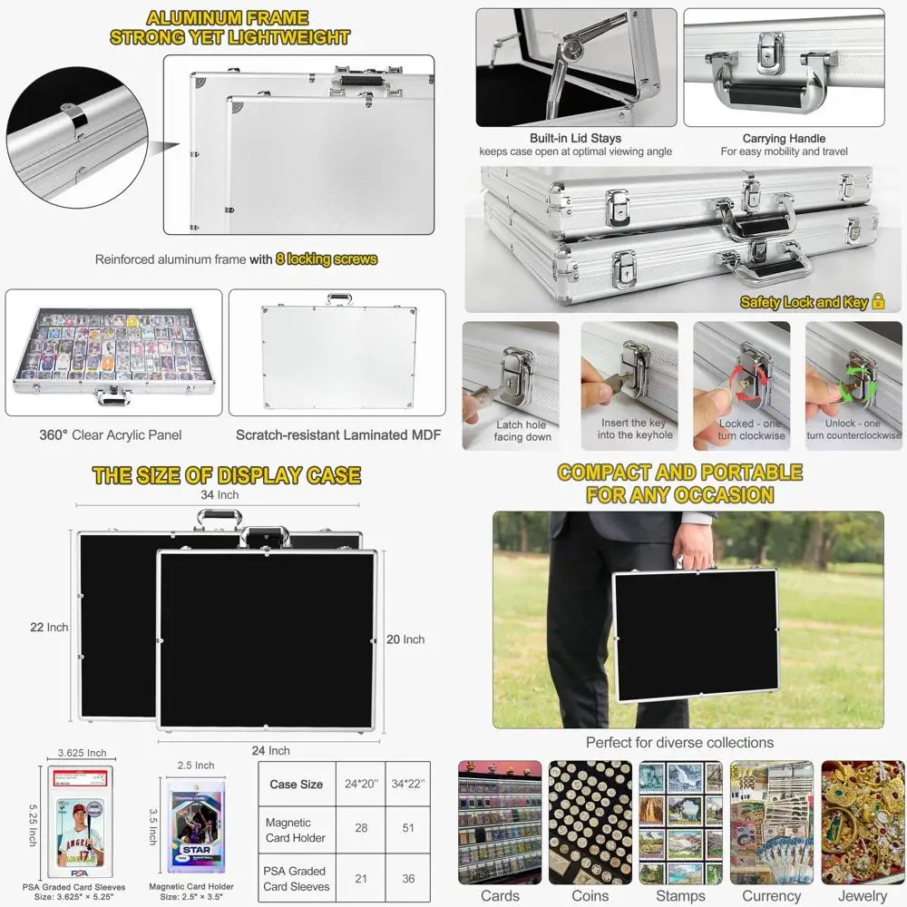 

Большой настольный витринный шкаф 34x22 с замком для коллекционных карточек, спортивных карточек и предметов коллекционирования, с сумкой для переноски, серебристый