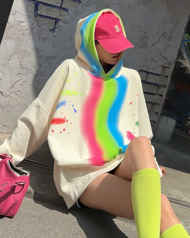 Casual Rainbow Color Oversized Hoodies Tops Women Plus Size Sweatershirt Sportwear Y2k Clothes Outwear Bust 150cm 2024 Autumn