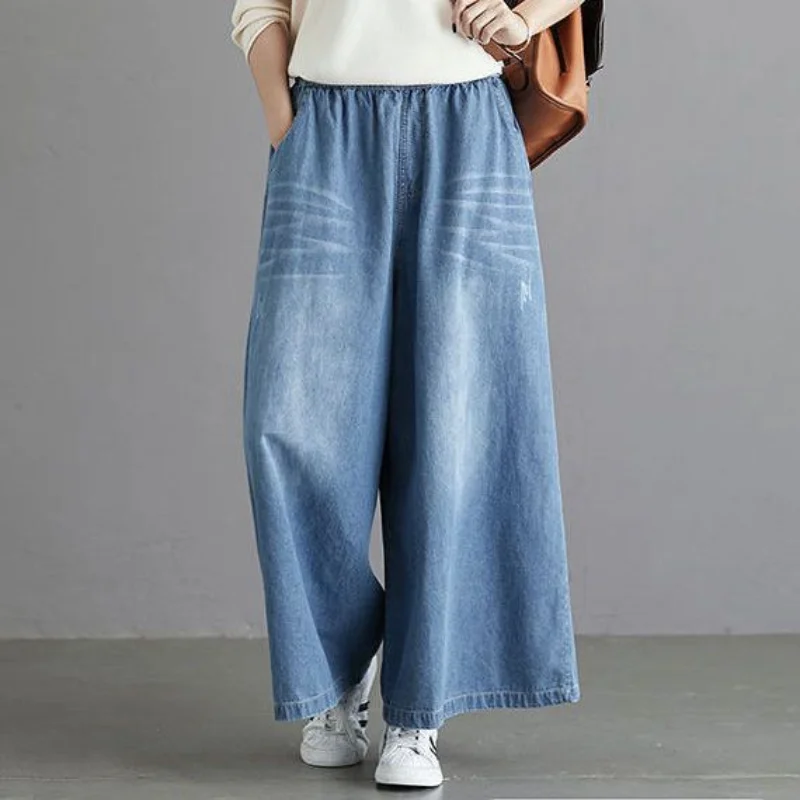 

Vintage Loose Wide Leg Pants Spring New Elastic Waist Solid Plus Size Straight Pants Street Casual Fashion Women Clothing