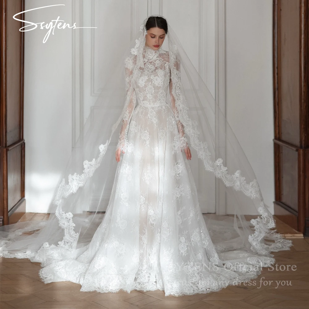 SSYTENS Exquisite lvory Lace Wedding Dress High Neck Full Sleeve A Line Bride Dresses Sweep Train Luxury Bridal Gowns Customized