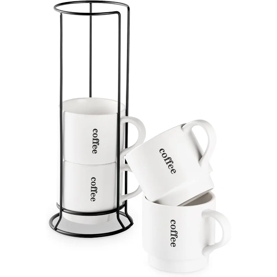 

Set of 4 Stackable 15-Ounce Porcelain Coffee Mugs with Built-in Rack for Coffee Tea Hot Cocoa and Milk Microwave and Dishwasher