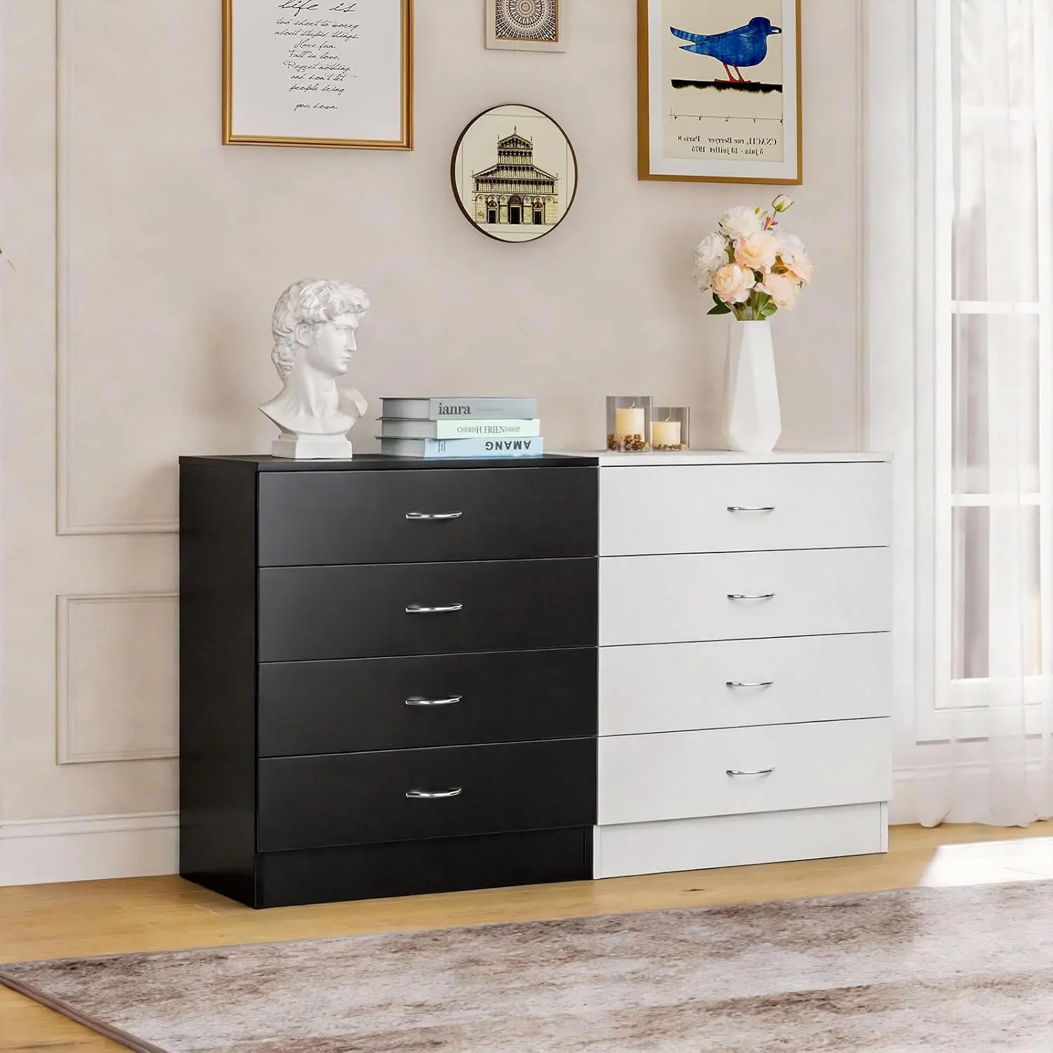 

Black 4 Drawer Dresser, Modern Nightstand Storage Chest, Wooden Side Table, Bedroom & Living Room, Customized