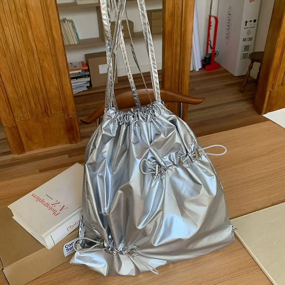 

Sweet Korean Style Drawstring Backpack Fold Large Capacity Nylon Ruched Backpack Book Bag Solid Color Silver Shoulder Bag Women