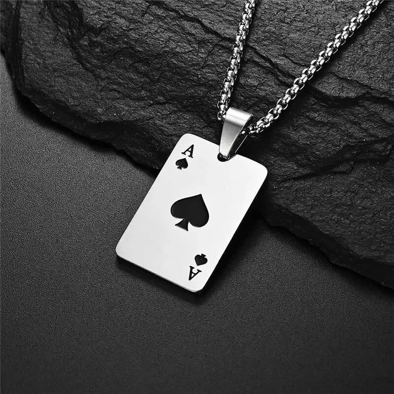 1Piece Set Hip Hop Statement Stainless Steel Poker Card Ace of Spades Necklace For Women Men Pendant Chain Playing Cards Jewelry