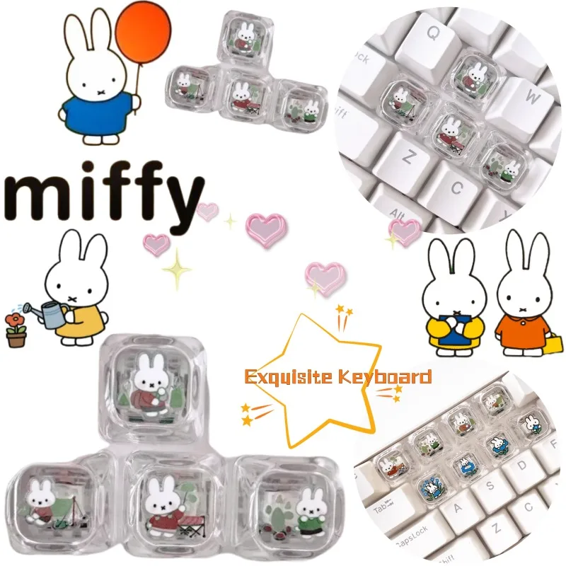 

Новые креативные колпачки для клавиатуры Miffy: мультяшные, ручной работы, с персонализированным принтом кролика, прозрачные, простые, для офисной механической клавиатуры из смолы