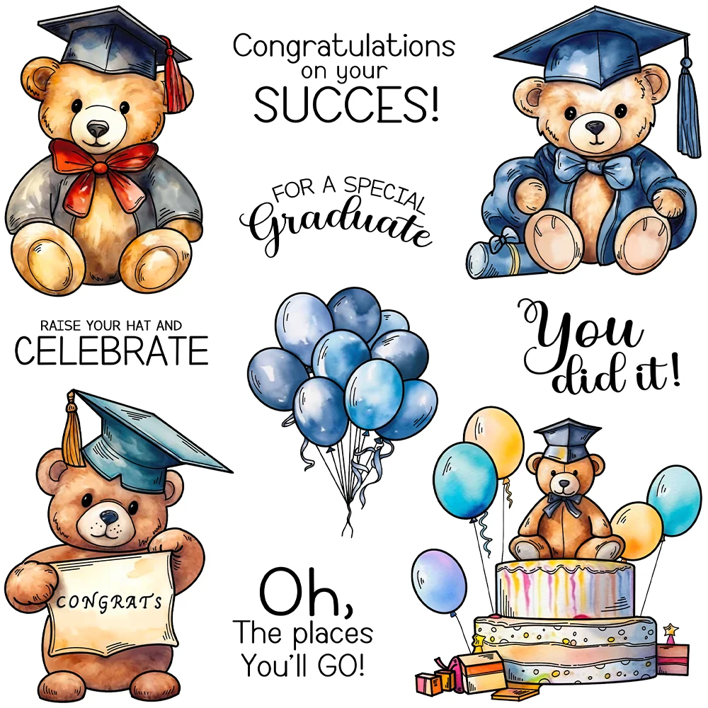 Mangocraft Graduation Season Bear Balloons Cutting Dies Clear Stamp DIY Scrapbooking Metal Dies Silicone Stamps For Cards Albums