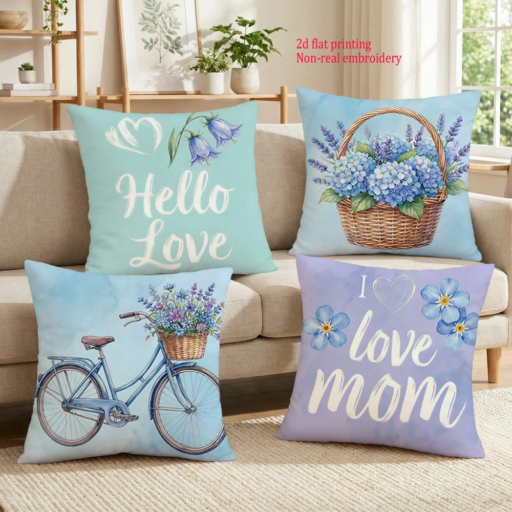 1/4pcs Vintage Blue Bicycle Flower Basket Throw Pillow Cover Home farmhouse outdoor decoration cushion cover