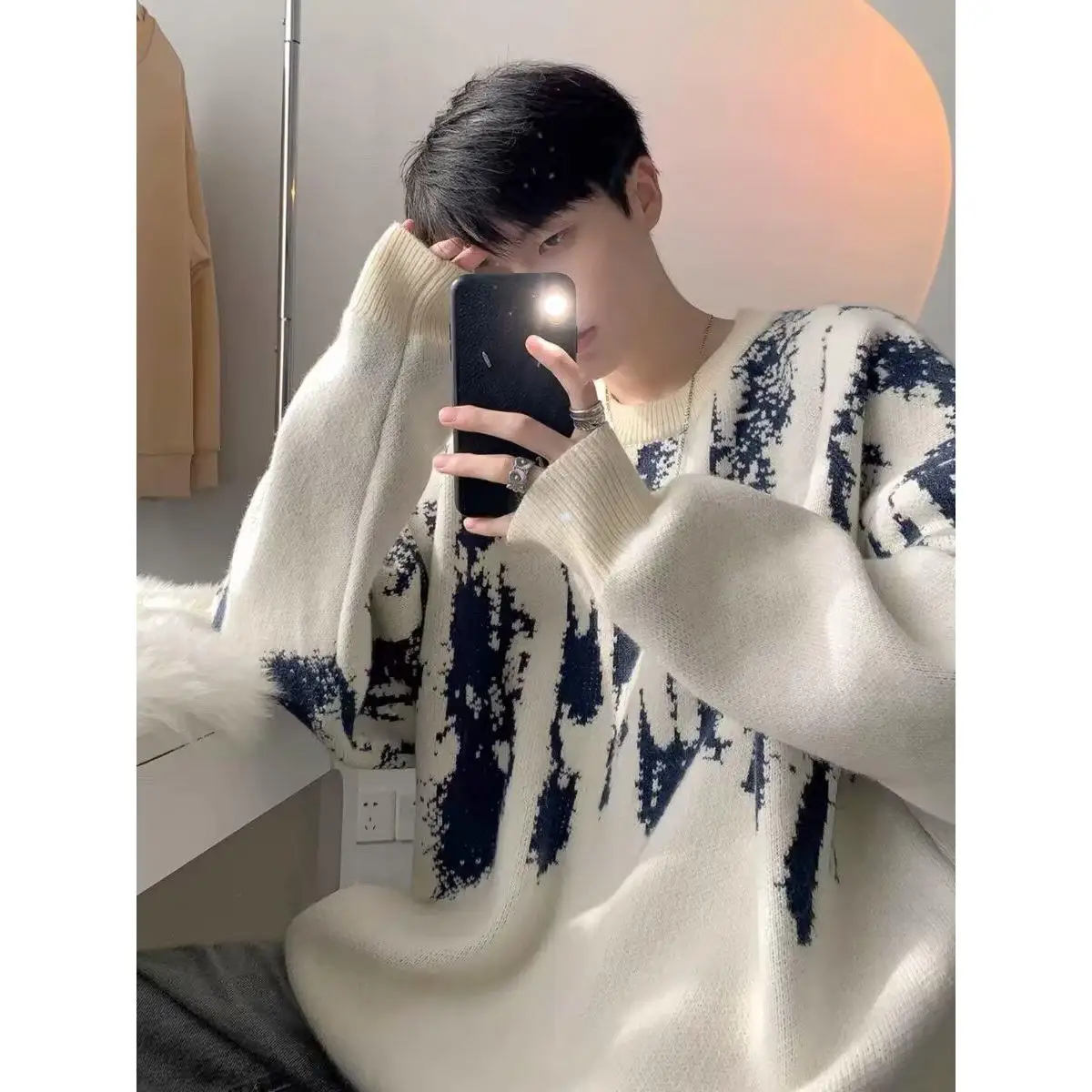 

Men's Thiened Autumn Winter Sweater Loose Korean Sle Casual Knittedwear Winter Ins Hong Kong Sle Lazy Yarn Coat Jaet