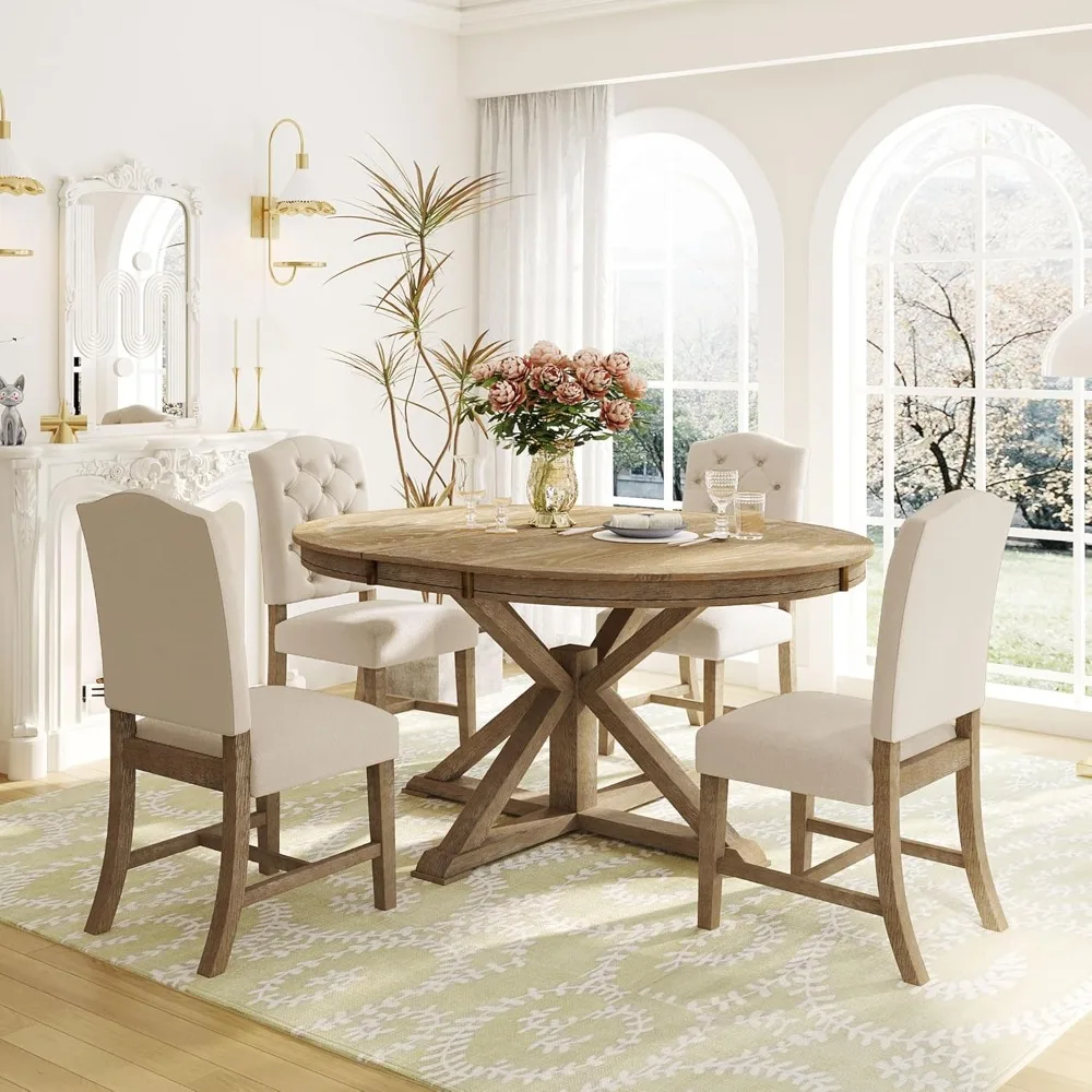 

5-Piece Solid Wood Dining Table Set for 4, Extendable Round Kitchen Table Set with 4 Upholstered Chairs, Farmhouse Dining Sets f