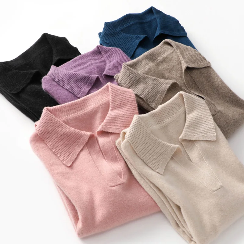 Autumn Winter New Woman 100% Wool Sweater Soft Polo Collar Pullover Casual Knitted Solid Color Tops Cashmere Female Sweater