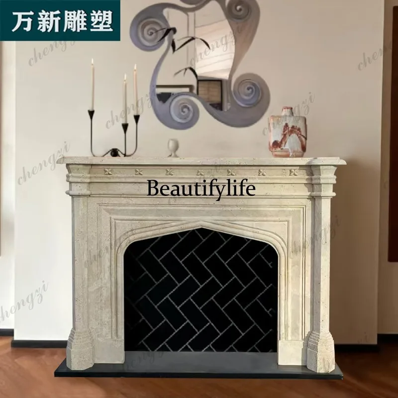 Marble fireplace American retro travertine fireplace Living room decorative fireplace Stone carving mantel