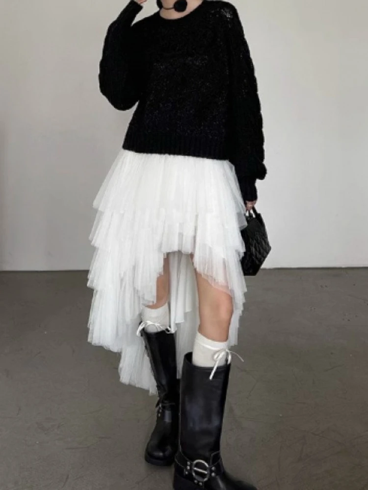 Streetwear Irregular Gauze Women Skirt Spring High Waist Fairy Y2k Aesthetic A-line Skirts Harajuku Solid Grunge Long Faldas
