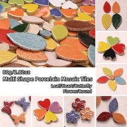80g/2.82oz Leaf Shape Porcelain Mosaic Tiles Heart/Butterfly/Flower/Round Ceramic Mosaic Stone DIY Crafts Materials Multi Color