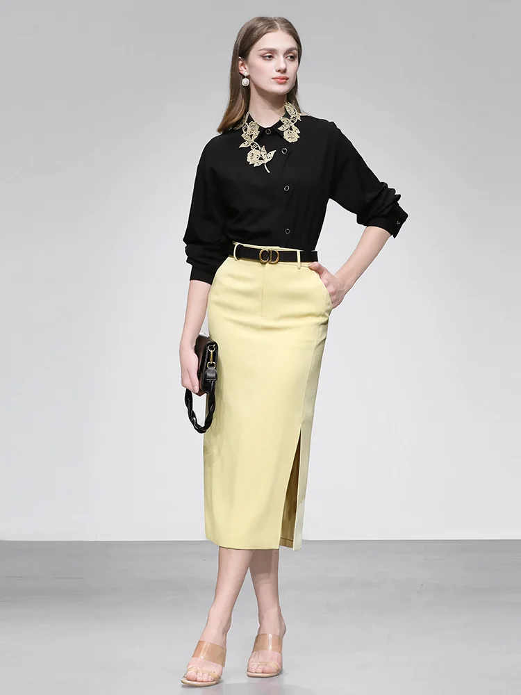 

Spring 2026 Faion High Waist Straight Leg Split Midi Skirt Set with Collar irt Contrast Color Design Label Fem Clothing