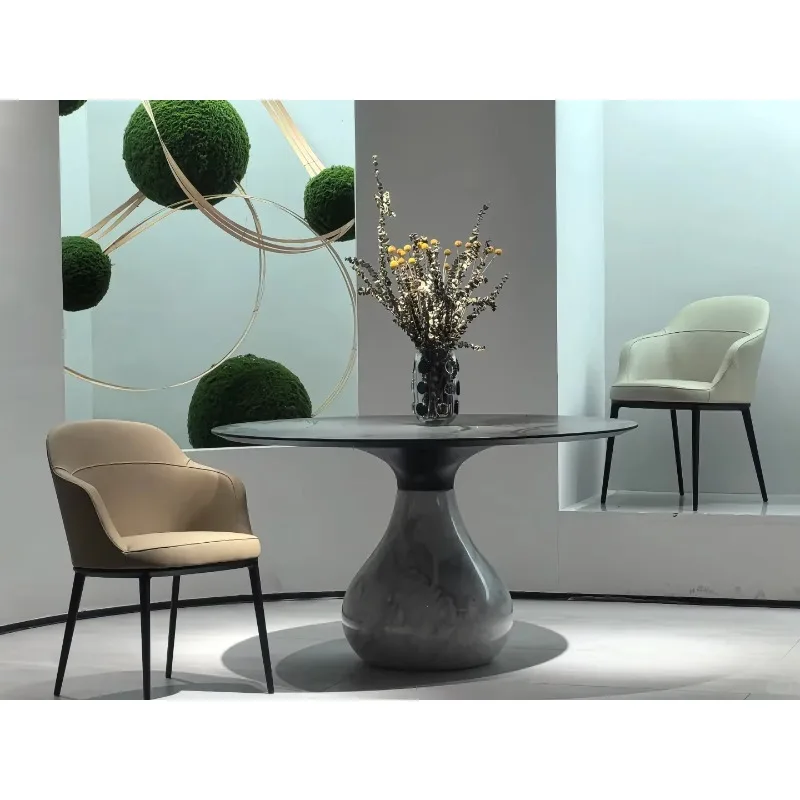 *Luxury Dining Table with Natural Marble and Wood Top, Round Dining Table Set Suitable for Kitchen, Dining Room and Hall.