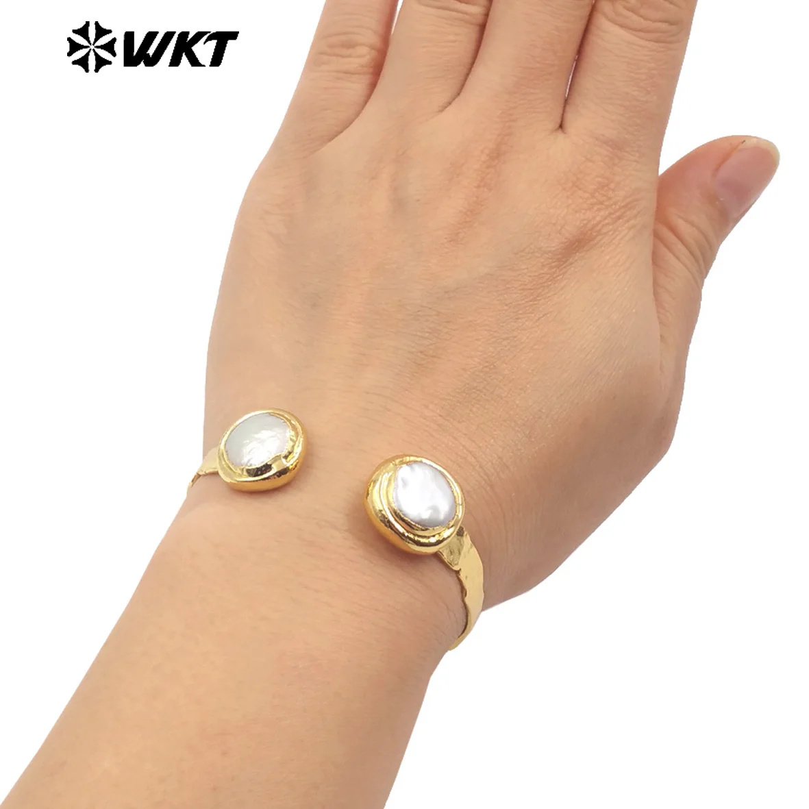 Imagem -05 - Elegante 18k Real Banhado a Ouro Pérola Bangle Duplo Moeda Redonda Manche Resistente Tamanho Ajustável Mpb102 Wkt