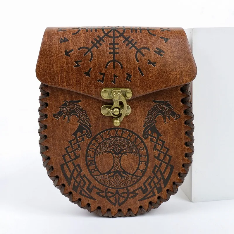 1/2pcs Set Retro Viking Embossed PU Belt And Waist Bag, Medieval Cosplay Outdoor Portable Leather Coin Pouch