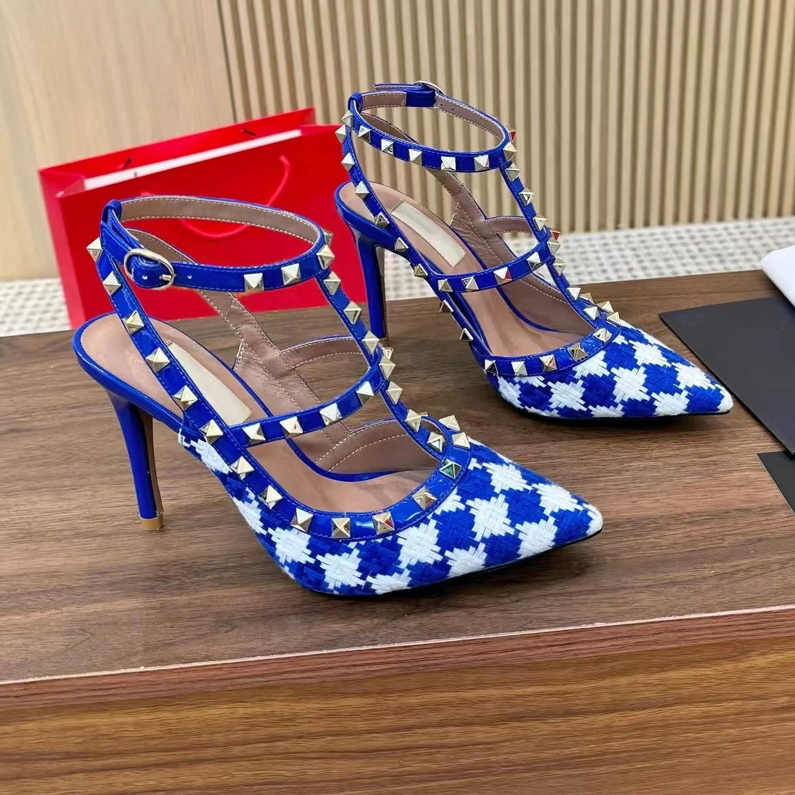 SHIYUNJIN Newest Summer Fabric Pointed-Toe High Heel Ankle-Strap Woman Sandals Stiletto Ladies High Heels Female Pumps Zapatos