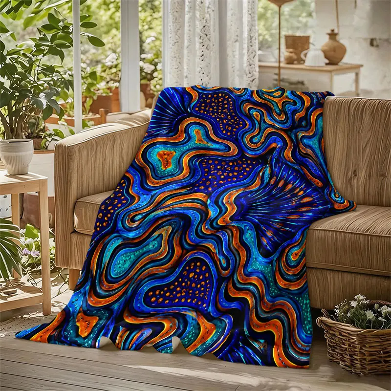 Fluid Waves Blue Orange Flannel Blanket Perfect for Sofa Office Bed Travel Sleep Read Relax Camping Four Season Use