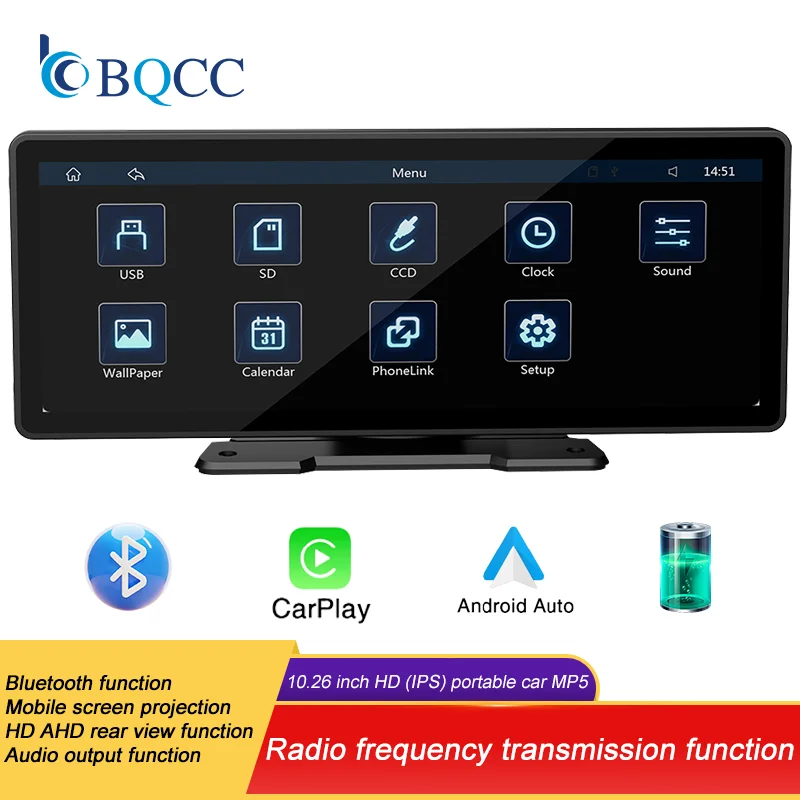 BQCC 10.26 Inch Portable MP5 Multimedia Video Player Android Auto Wireless Carplay Screen HD Rear Reversing Camera Car Radio