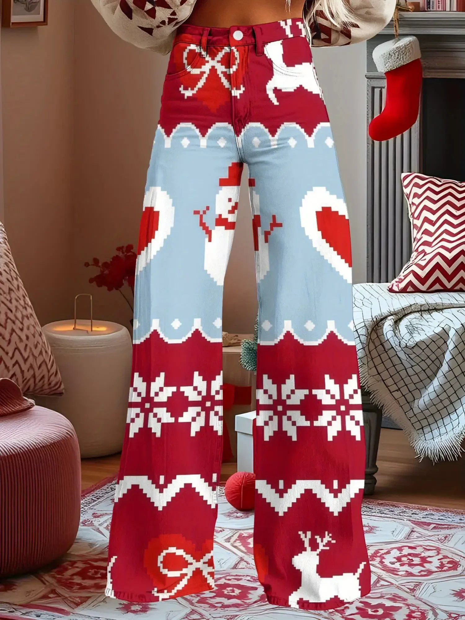 2026 New Christmas Women's Denim Jeans - Casual, Fashionable, Comfortable, Full printed Christmas element patterns
