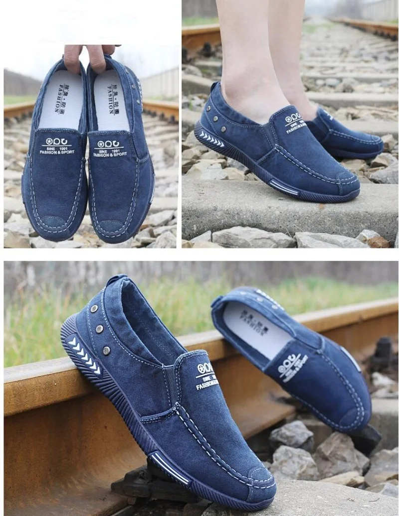 Men Casual Flats Shoes Denim Canvas Slip on Mens Casual Shoes Plimsolls Breathable Male Footwear Spring Autumn Sneakers Flat