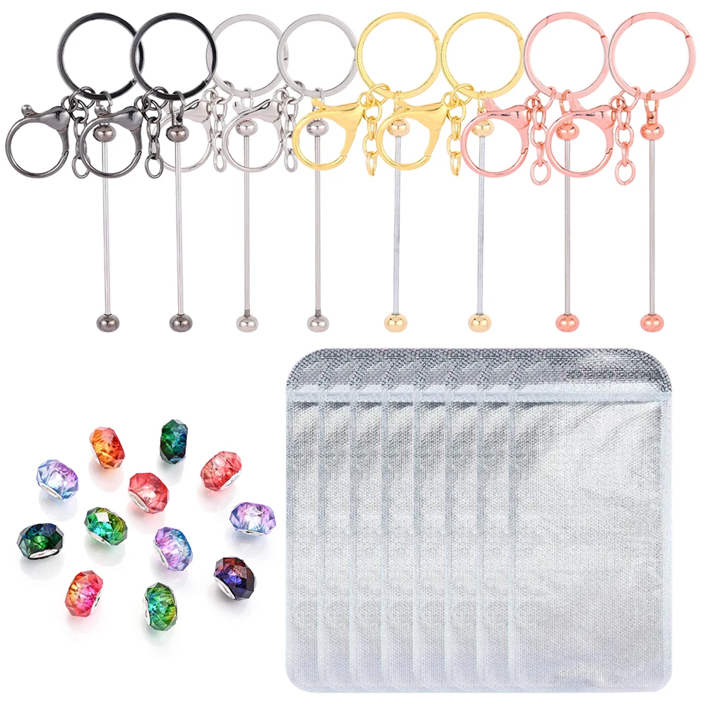 DIY Perlen-Schlüsselanhänger Bastelset Metall-Schlüsselanhänger-Stäbchen mit Großloch-Kristallglasperlen Taschen-Set für Handwerk Schmuckherstellung Geschenk – Detail 1