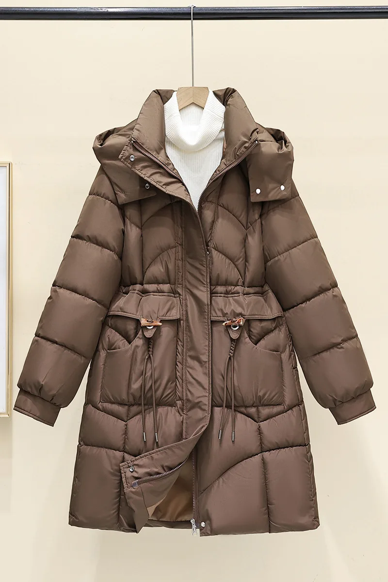 

2025Thickened Cotton Jacket Women's Winter Long Coat Korean Style Button Design Mid-Length for