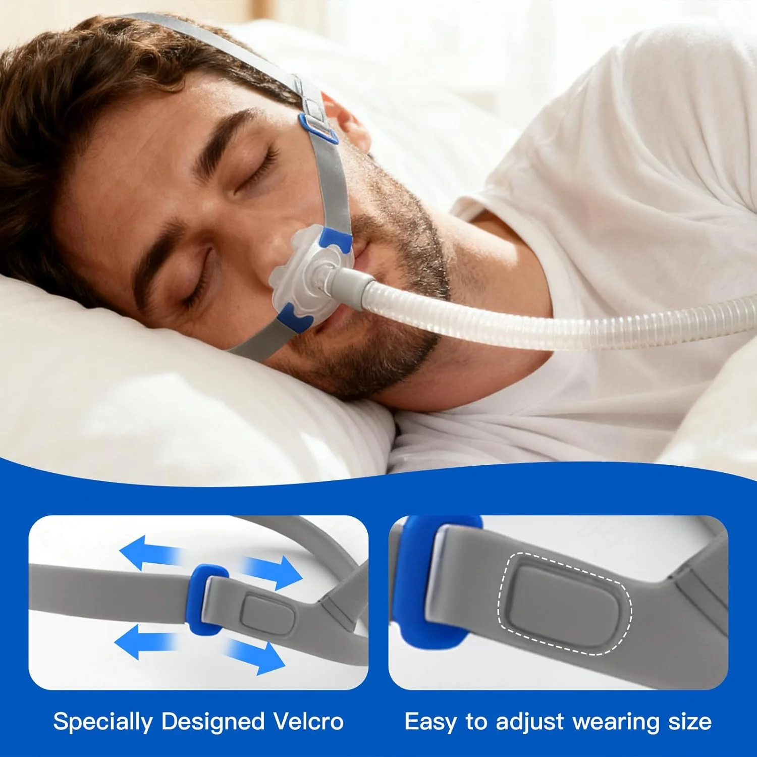 Mascarilla Nasal CPAP con Almohadillas, Set de Almohadillas Nasales con Arnés Desmontable, Marco, Tubo y 3 Tamaños Diferentes de Almohadillas Nasales (S, M, L)