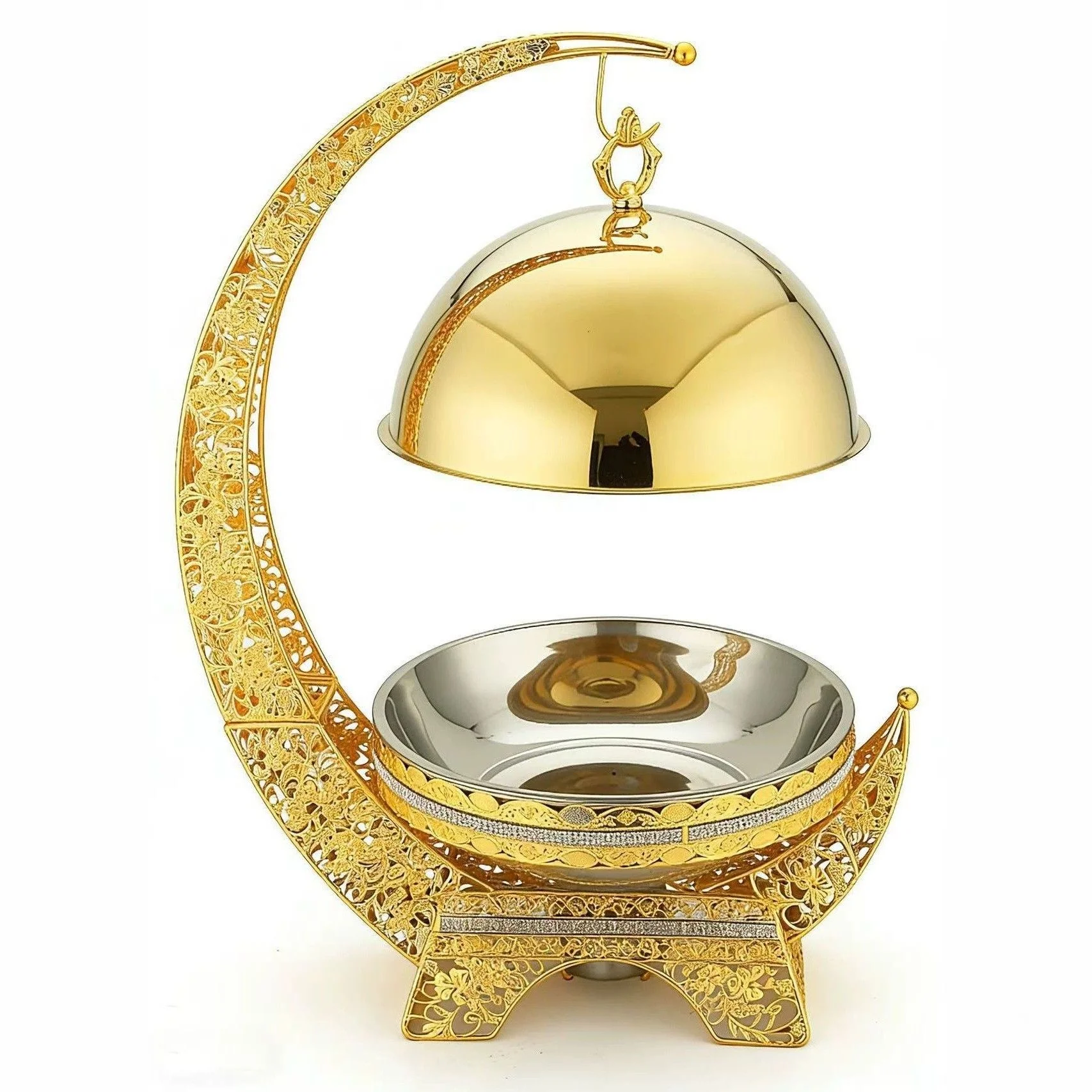 Restaurant Hotel 8L Chafing Food Warmer Luxury Golden Moon Shape Cheffing Buffet Set Hanging Lid Chaffing Dishes for Catering