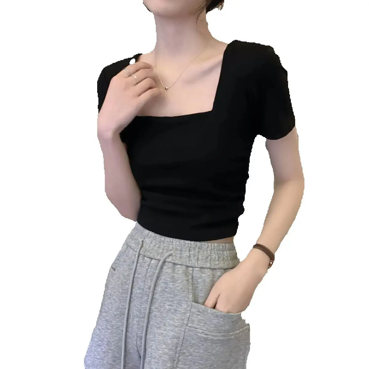 Pleated Korean Fashion Crop Tops Women Sexy Low Cut Slim T-shirts Y2K Vintage Kpop Tees Shirts Cheap Clothes Woman Black Tshirts
