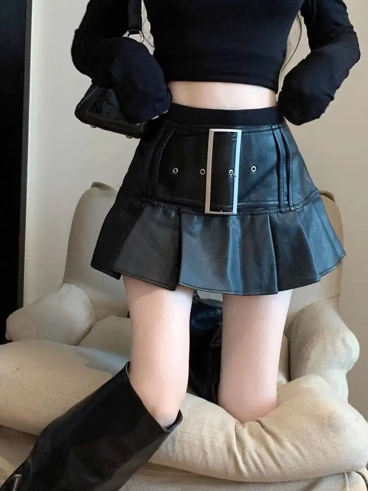 American High Waist Pleated Spice Girl PU New Short Skirt Leather Skirt
