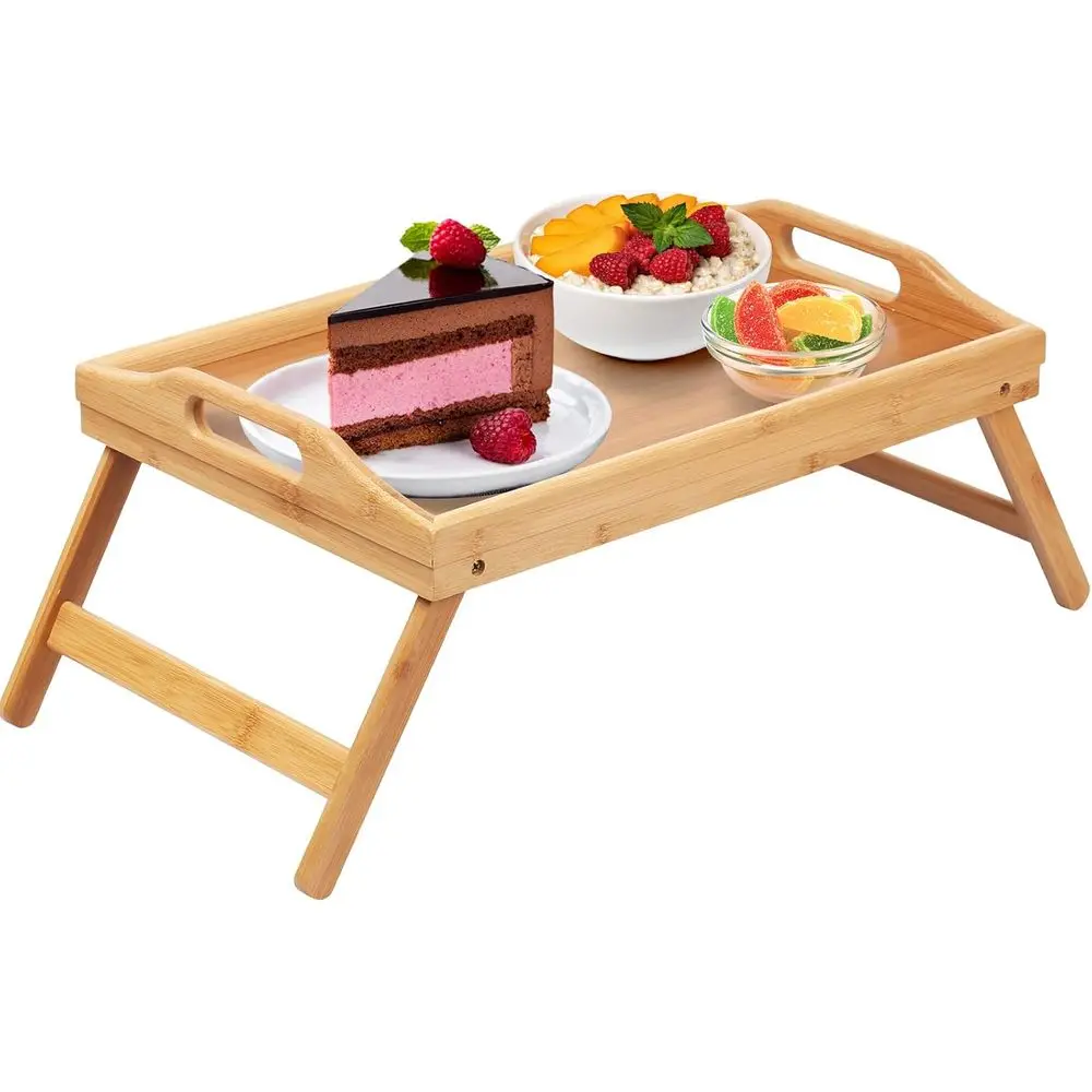 Bambus-Frühstückstablett mit Klappbeinen und Griffen - Servierplatte für Mahlzeiten und Snacks