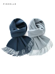 Simple solid grayish blue pure cashmere scarf for women warmth autumn winter tassels scarves adults luxury gifts for men