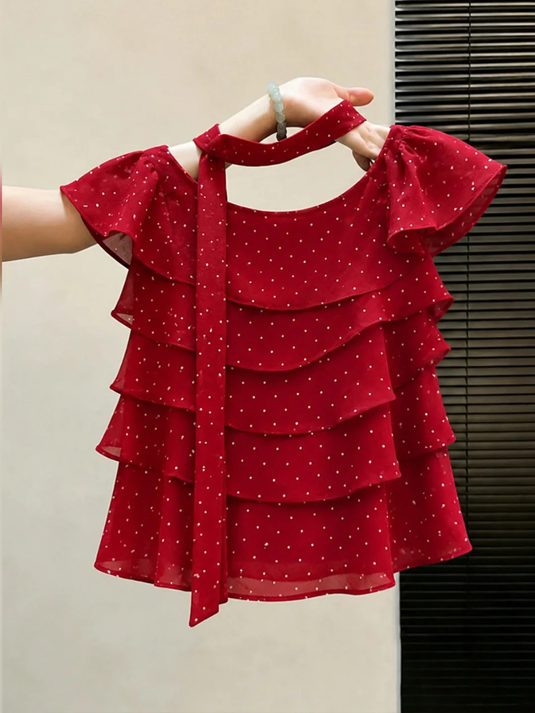 

Fashionable Sweet Polka Dot Blouse with Sash Women's Summer Unique Design Sensation Lace Trim Straight Silhouette Commute Style