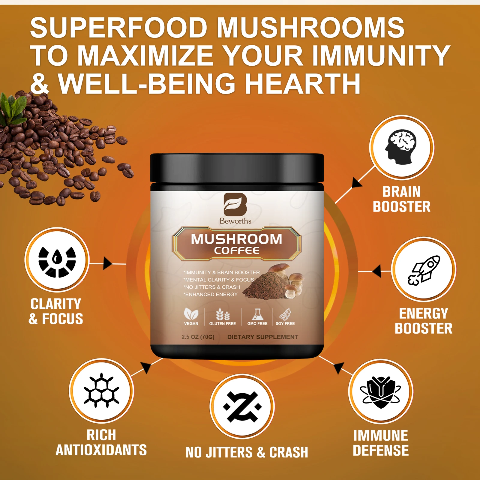 Beworths Reishi Mushroom Coffee Boost Brain Memory and Cognitive Clarity Immune System & Digestion Health Energy Supplement