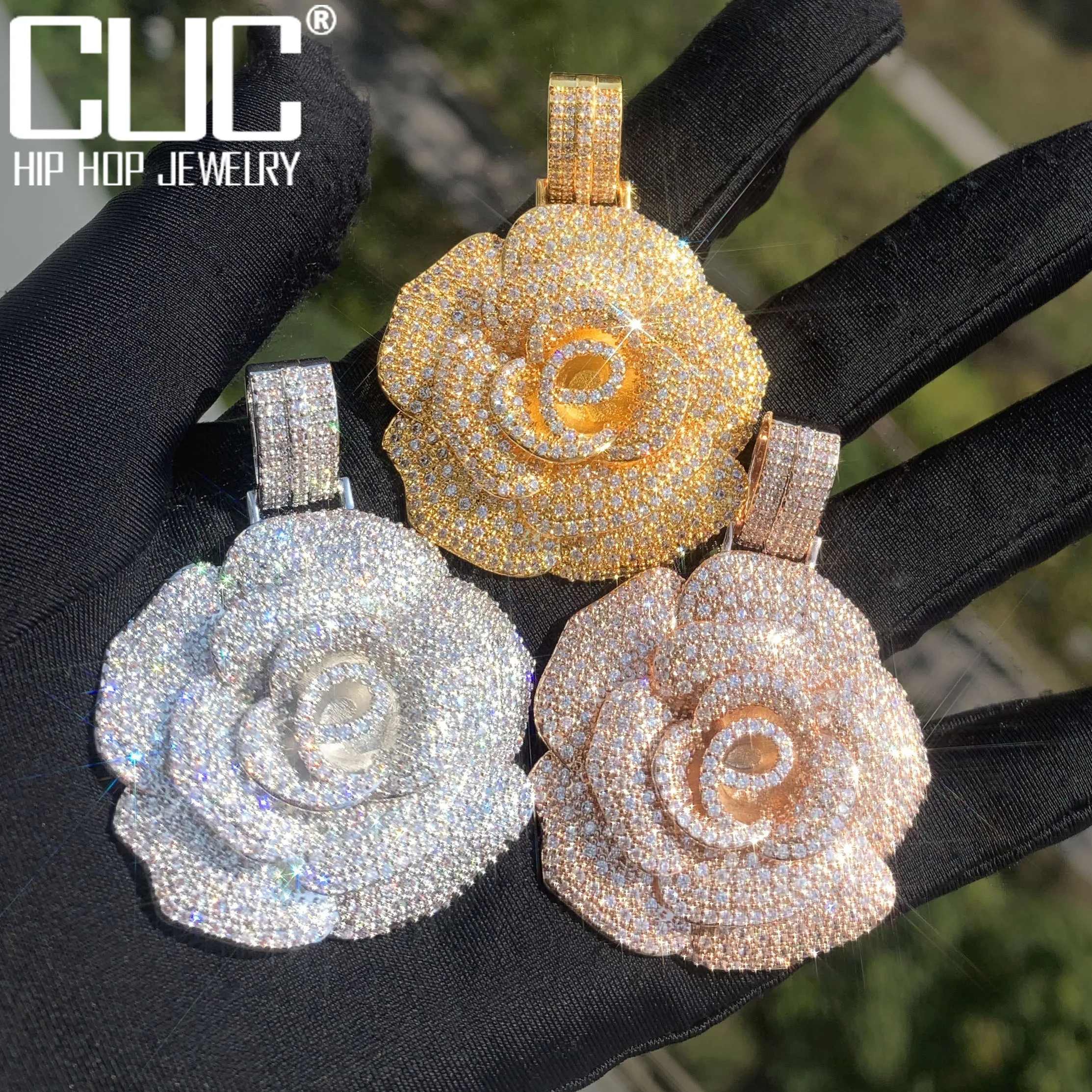 CUC Rose Flower Pendant For Women Copper Charm Iced Out Zircon HipHop Necklace Chain Gold Silver Color Fashion Jewelry Love Gift